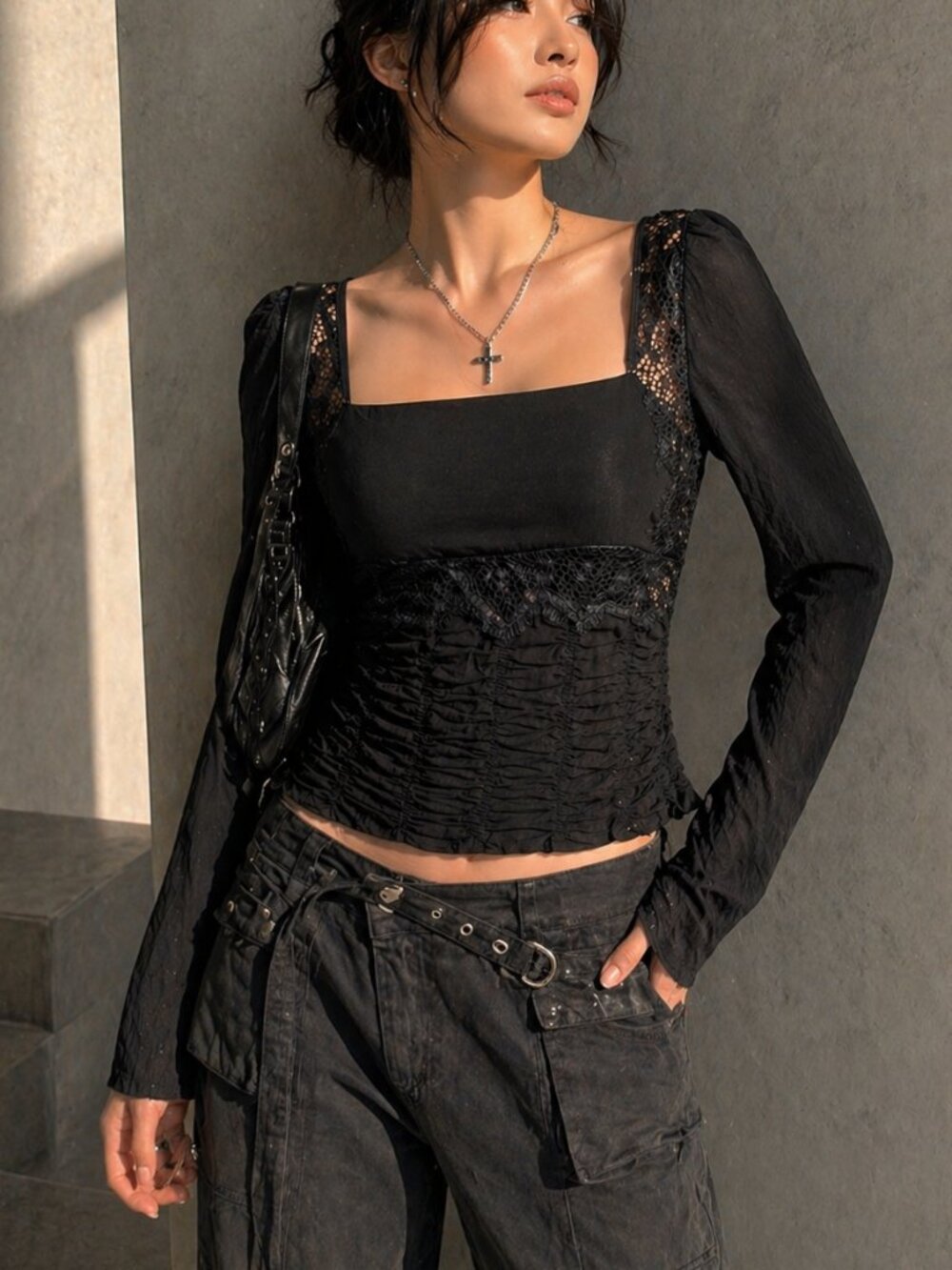 Free People Black Lace Top L NWT Ruched Sheer Long Sleeve Blouse Boho Romantic G